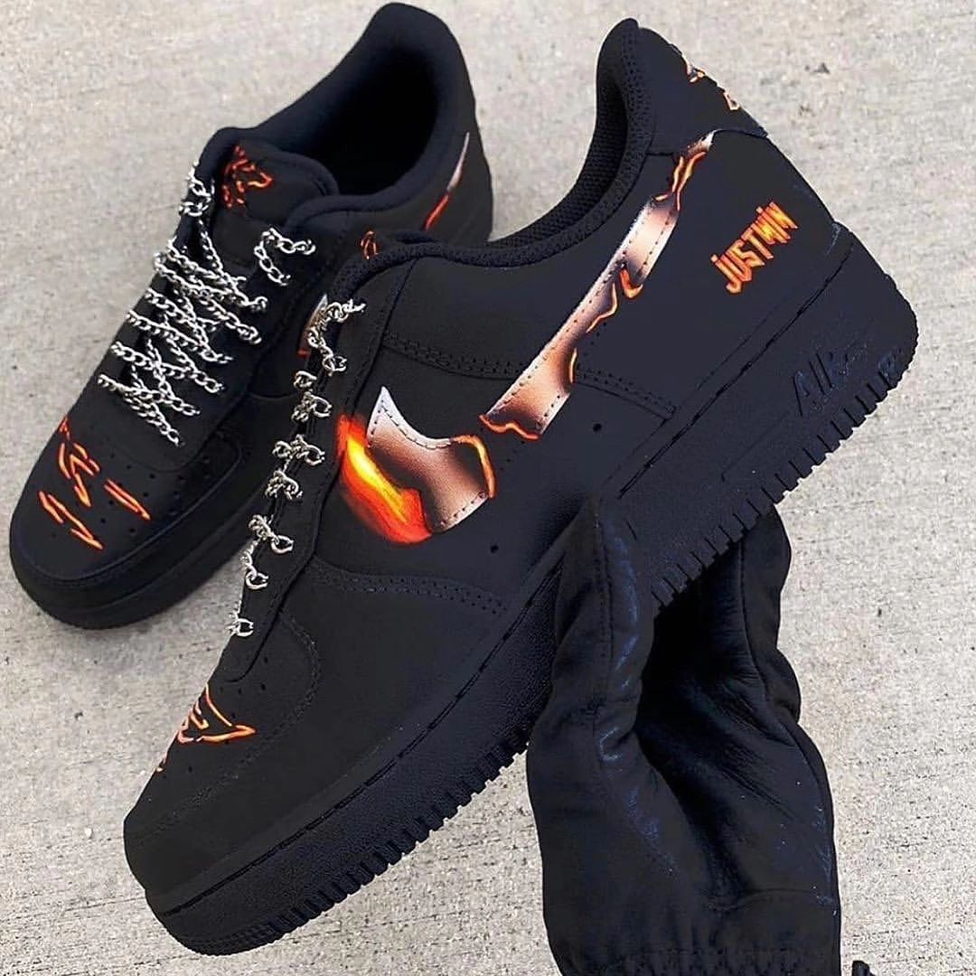 BLACK ORANGE FIRED SWOOSH CUSTOM AIR FORCE 1