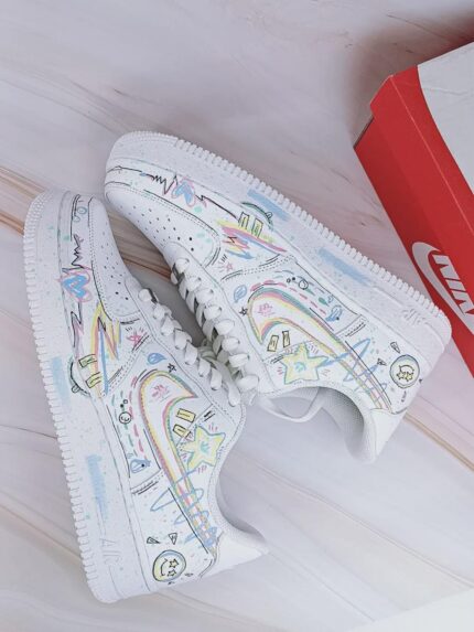 Custom Air Force 1, Hand Painted Doodle Art Sneakers, Pastel Streetwear Shoes, Unique Gift