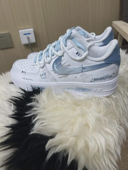 Custom Air Force 1, Hand Painted Dalmatian Graffiti Sneakers, Blue Streetwear Shoes, Unique Gift