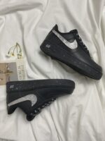 Custom Black White Distressed Sneakers: Hand-Painted Brushstroke Double Swoosh Streetwear Shoes - Image 2