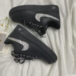 Custom Black White Distressed Sneakers: Hand-Painted Brushstroke Double Swoosh Streetwear Shoes