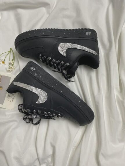 Custom Black White Distressed Sneakers: Hand-Painted Brushstroke Double Swoosh Streetwear Shoes