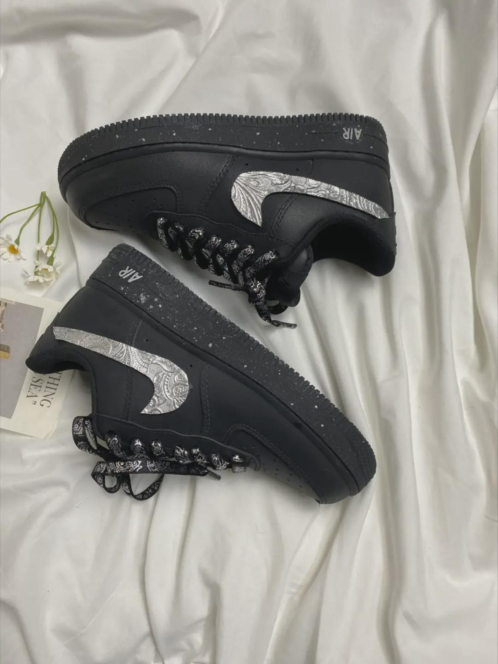 il_1588xN.7824034286_n6fm.jpg Custom Black White Distressed Sneakers: Hand-Painted Brushstroke Double Swoosh Streetwear Shoes - Image 1