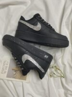 Custom Black White Distressed Sneakers: Hand-Painted Brushstroke Double Swoosh Streetwear Shoes - Image 4