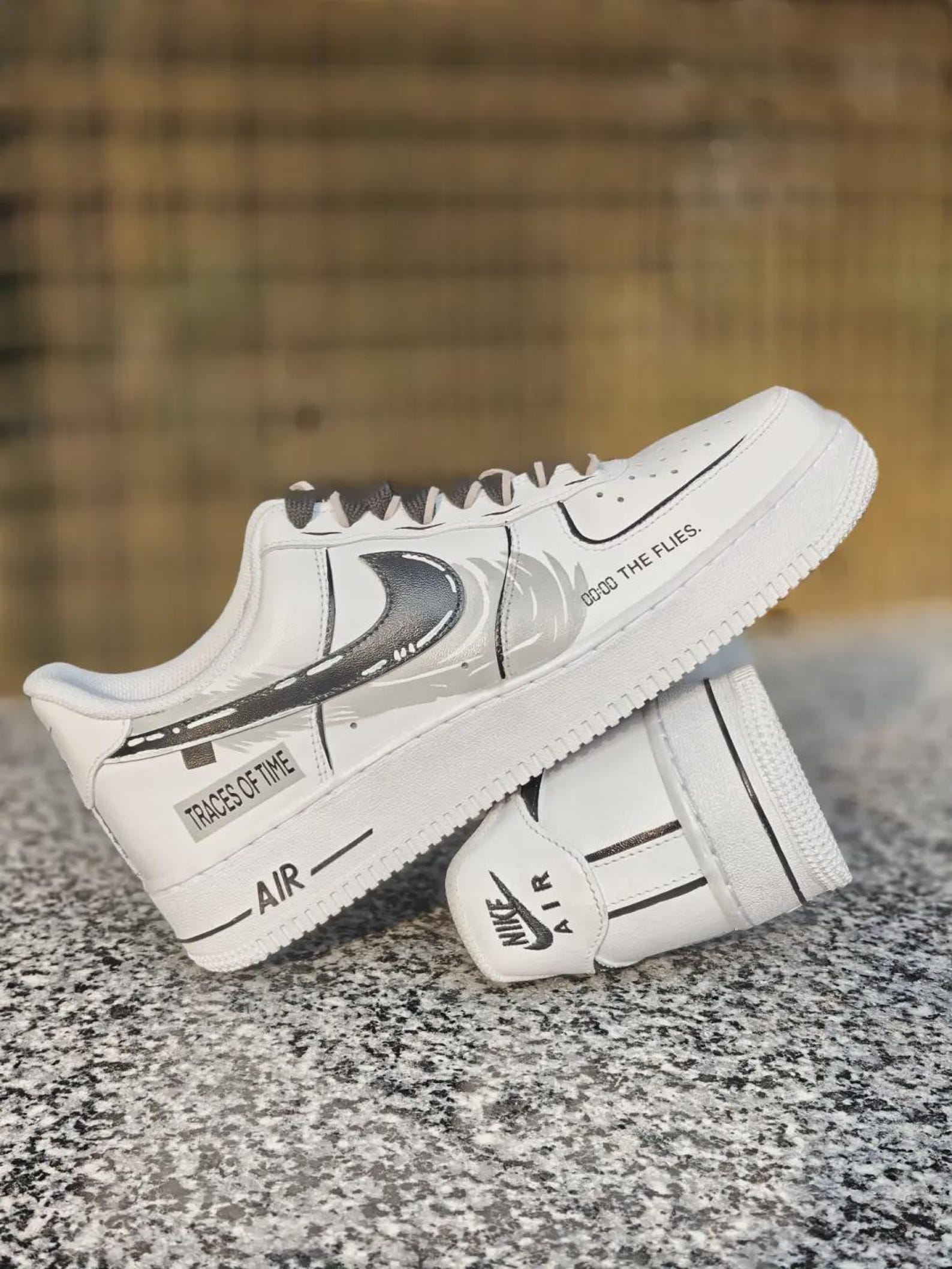 il_1588xN.7824079696_ljpt.jpg Custom White Air Force 1 Low | "Time Flies" Hand-Painted Design | Streetwear AF1 - Image 1