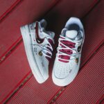 Custom White Burgundy Air Force 1 Low Sneakers | Gradient Laces, Gold Charm Accents