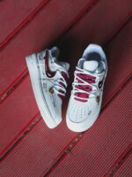 Custom White Burgundy Air Force 1 Low Sneakers | Gradient Laces, Gold Charm Accents