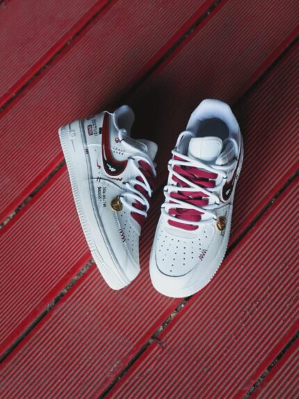 Custom White Burgundy Air Force 1 Low Sneakers | Gradient Laces, Gold Charm Accents