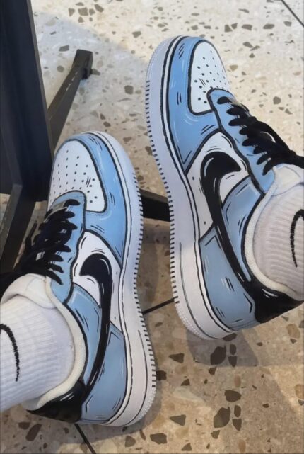 Custom Hand-Painted Air Force 1 Low Sneakers: Cartoon Sketch Style, Light Blue/White