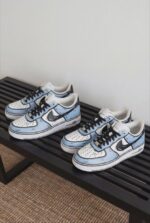Custom Hand-Painted Air Force 1 Low Sneakers: Cartoon Sketch Style, Light Blue/White - Image 2