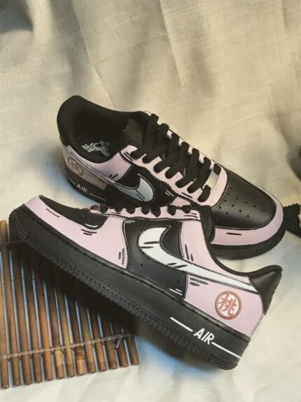 Custom Pink Black Air Force 1 Low Anime Peach Symbol Sneakers – Hand-Painted Streetwear Art