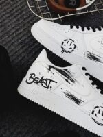 Custom White Air Force 1 Low Beast Smiley Face Brush Stroke Sneakers - Image 5