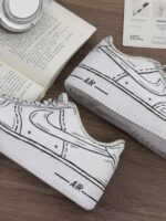 Custom White Air Force 1 Low Sneakers: Cartoon Sketch Line Art Style - Image 3