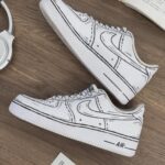 Custom White Air Force 1 Low Sneakers: Cartoon Sketch Line Art Style