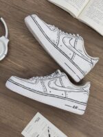 Custom White Air Force 1 Low Sneakers: Cartoon Sketch Line Art Style