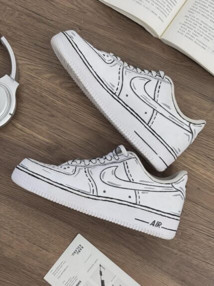Custom White Air Force 1 Low Sneakers: Cartoon Sketch Line Art Style