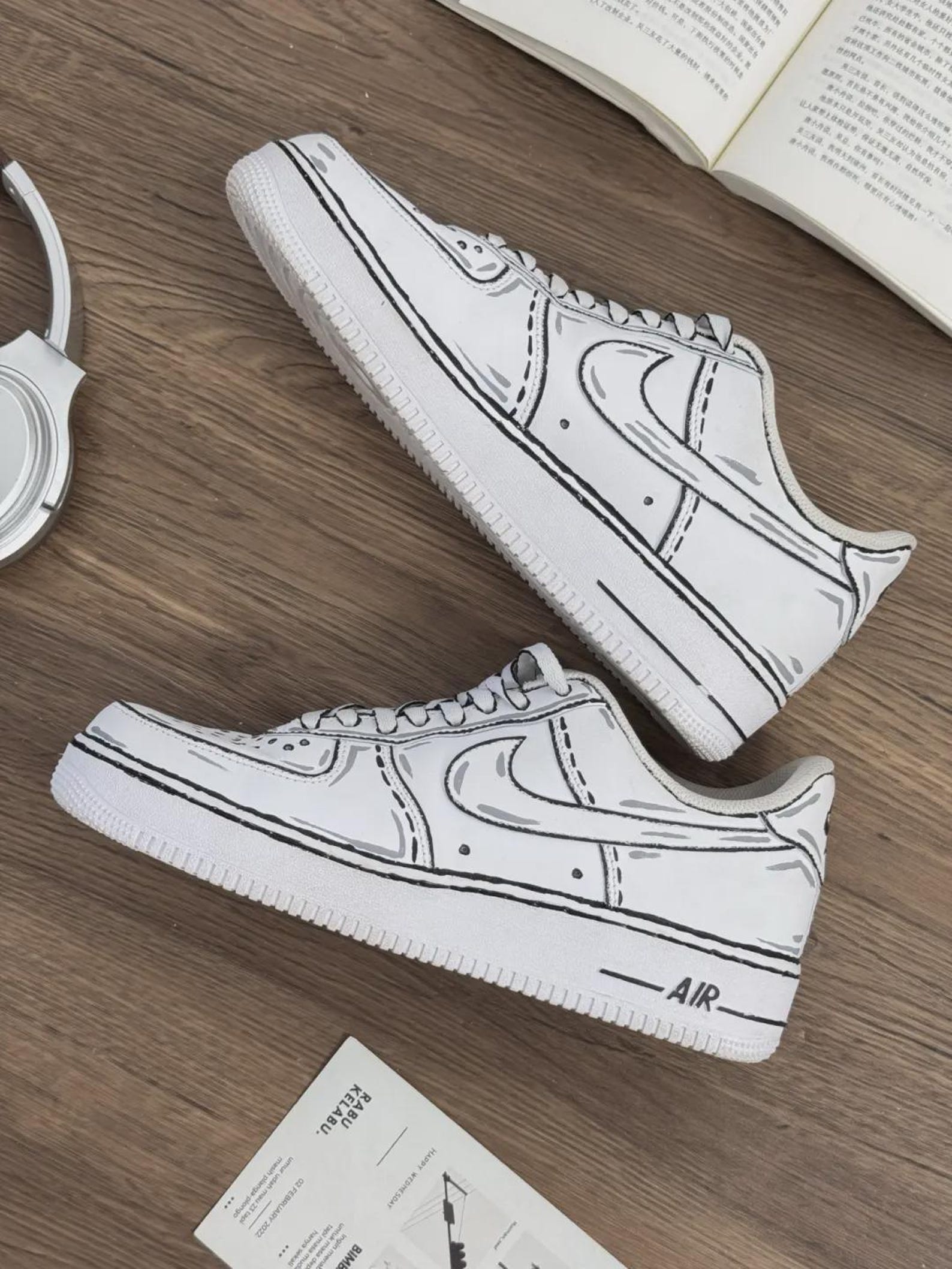 il_1588xN.7824288502_mvws.jpg Custom White Air Force 1 Low Sneakers: Cartoon Sketch Line Art Style - Image 1