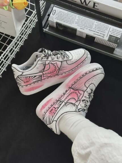 Custom Comic Book Air Force 1 Low Sneakers: Hand-Painted Manga Sketch Style, Pink Accents