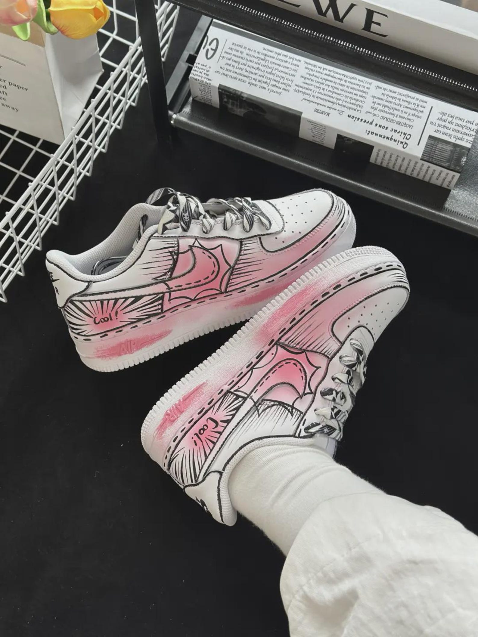 il_1588xN.7824335730_dn81.jpg Custom Comic Book Air Force 1 Low Sneakers: Hand-Painted Manga Sketch Style, Pink Accents - Image 1