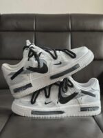 Custom White Grey Air Force 1 Low Sneakers: Brush Stroke Broken Swoosh Streetwear Art