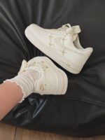Custom Cream Air Force 1 Low Sneakers with Rhinestones and Satin Bow - Image 3