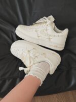 Custom Cream Air Force 1 Low Sneakers with Rhinestones and Satin Bow - Image 4
