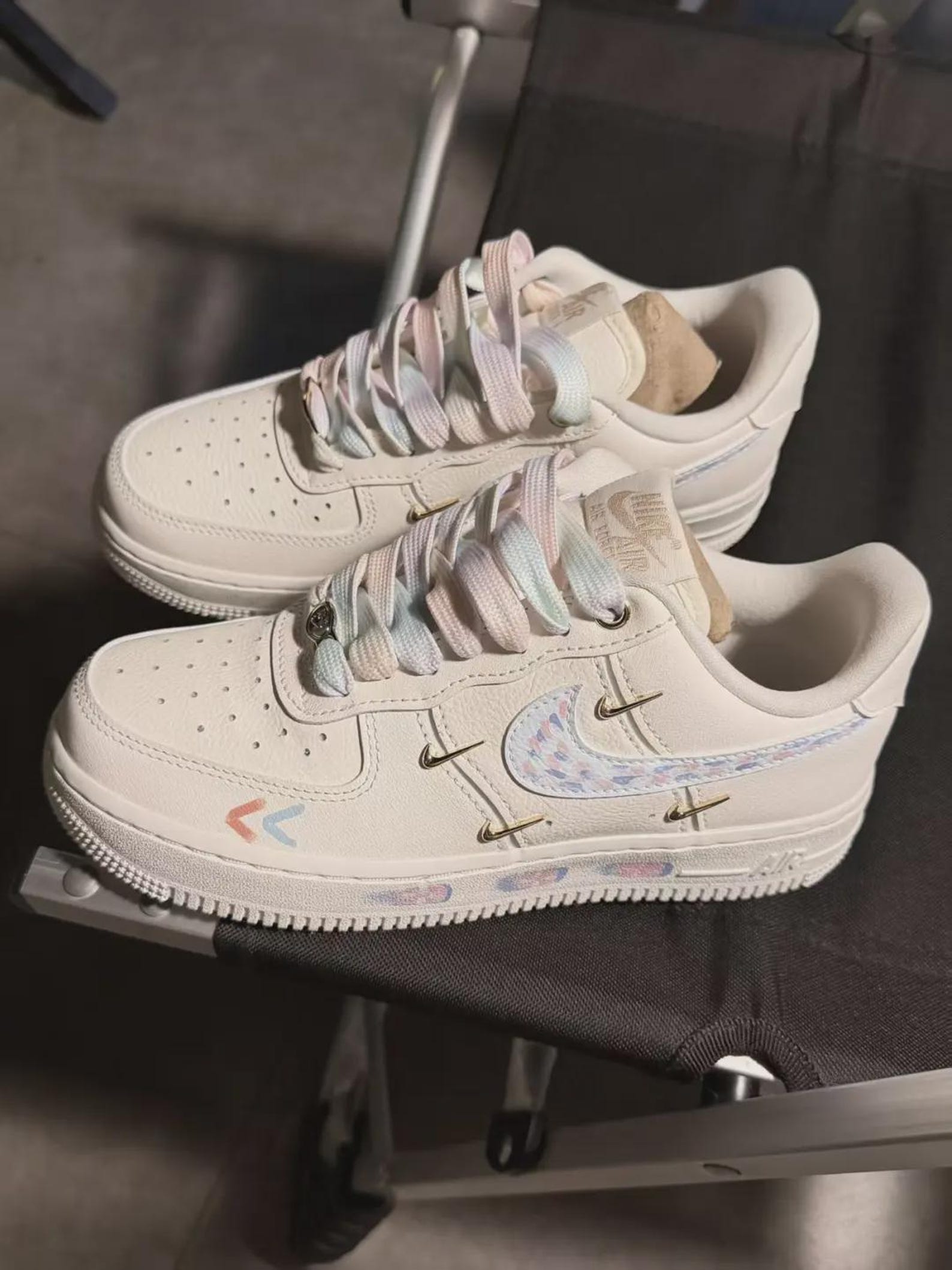 il_1588xN.7824556172_clk4.jpg Custom Air Force 1 Low Pastel Gradient Laces Gold Hardware Sneakers – Dreamy Streetwear - Image 1