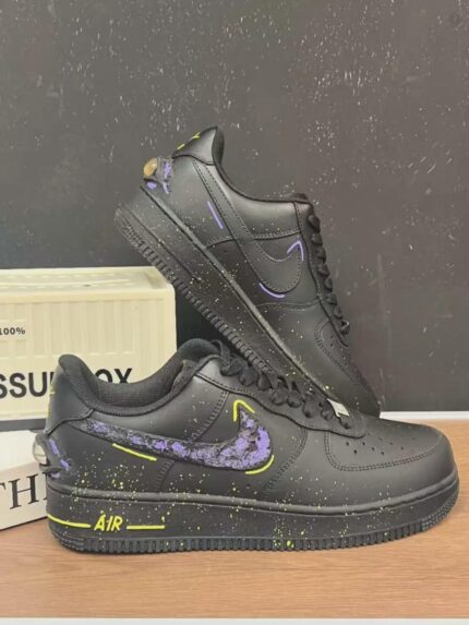 Custom Black Purple Air Force 1 Low Splatter Paint Sneakers – Cyber Streetwear Gift