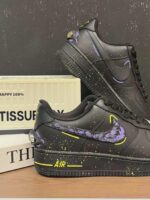 Custom Black Purple Air Force 1 Low Splatter Paint Sneakers – Cyber Streetwear Gift - Image 3