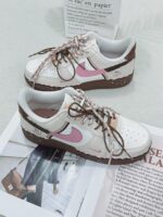 Custom Air Force 1 Low Patchwork Sneakers: White, Pink, Brown Dual Lace Design - Image 4