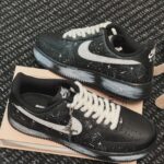 Custom Black Air Force 1 Low Sneakers: Starry Sky Art, Rope Laces, Rose-Cross Charm