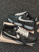 Custom Black Air Force 1 Low Sneakers: Starry Sky Art, Rope Laces, Rose-Cross Charm