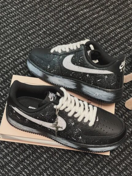 Custom Black Air Force 1 Low Sneakers: Starry Sky Art, Rope Laces, Rose-Cross Charm