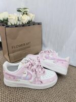 Custom Pink White Air Force 1 Low Sneakers: Floral Gradient, Braided Laces - Image 2
