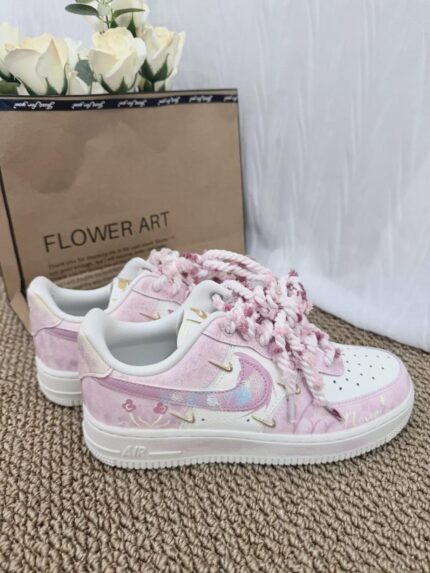 Custom Pink White Air Force 1 Low Sneakers: Floral Gradient, Braided Laces