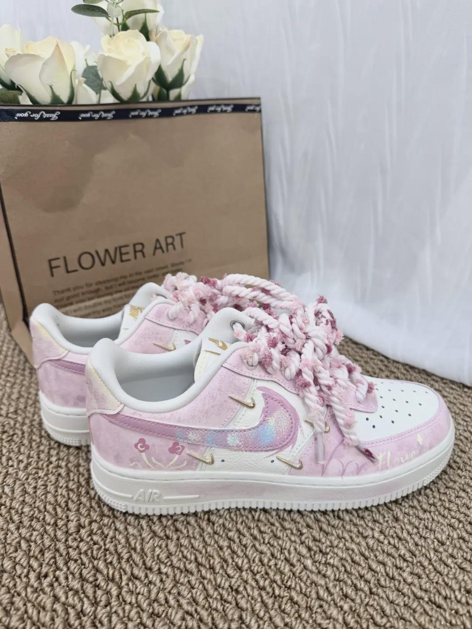il_1588xN.7824802606_pgqx.jpg Custom Pink White Air Force 1 Low Sneakers: Floral Gradient, Braided Laces - Image 1