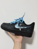 Custom Black Blue Air Force 1 Low Splatter Paint Sneakers with Rope Laces - Image 3