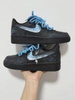 Custom Black Blue Air Force 1 Low Splatter Paint Sneakers with Rope Laces
