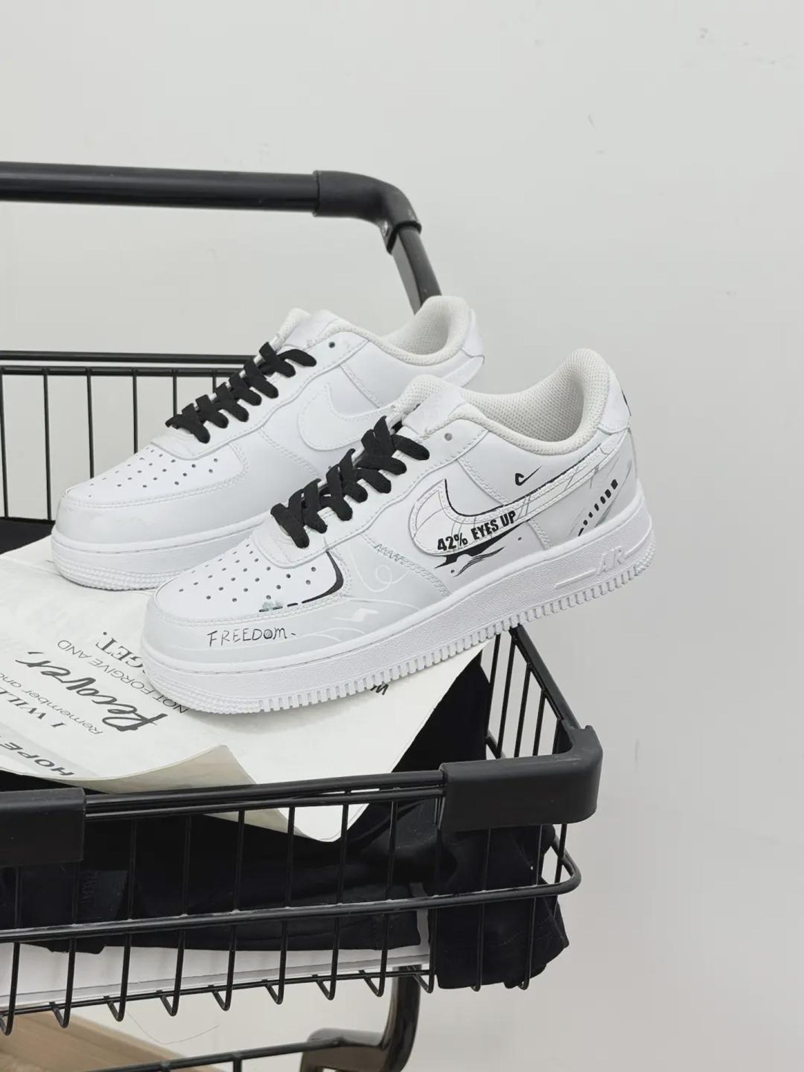 il_1588xN.7827182674_2411.jpg Custom White Black Air Force 1 Low "42% EYES UP" Freedom Text Streetwear Sneakers Gift for Sneaker Lovers - Image 1