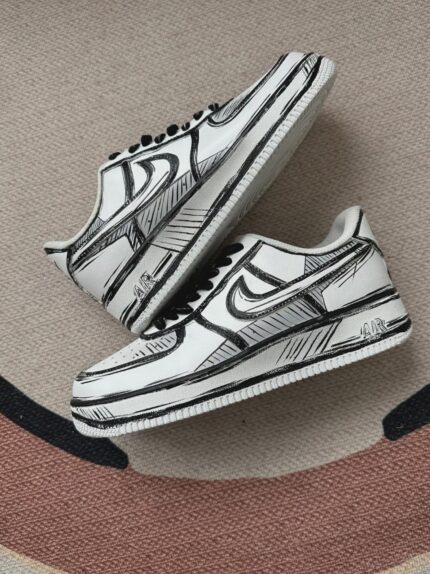 Custom White Black Air Force 1 Low 2D Comic Sketch Streetwear Sneakers Gift for Sneaker Lovers