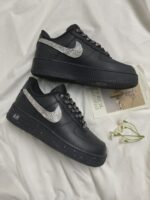 Custom Black White Distressed Sneakers: Hand-Painted Brushstroke Double Swoosh Streetwear Shoes - Image 3