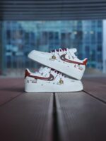 Custom White Burgundy Air Force 1 Low Sneakers | Gradient Laces, Gold Charm Accents - Image 3