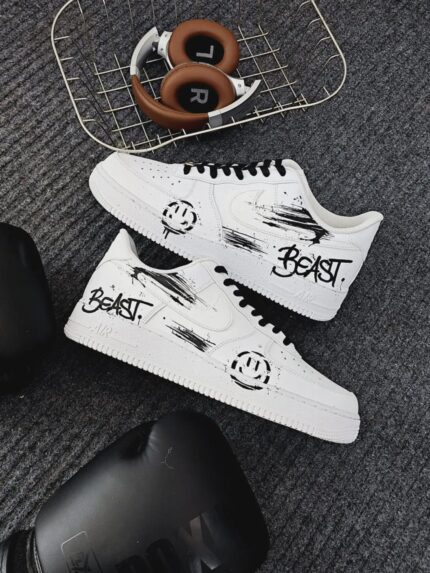 Custom White Air Force 1 Low Beast Smiley Face Brush Stroke Sneakers