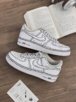 Custom White Air Force 1 Low Sneakers: Cartoon Sketch Line Art Style - Image 4