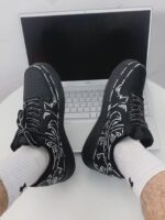Custom Black Air Force 1 Low Sneakers: White Tribal Geometric Line Art Streetwear - Image 3