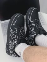 Custom Black Air Force 1 Low Sneakers: White Tribal Geometric Line Art Streetwear - Image 4