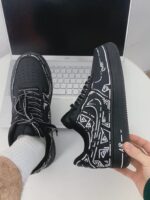 Custom Black Air Force 1 Low Sneakers: White Tribal Geometric Line Art Streetwear