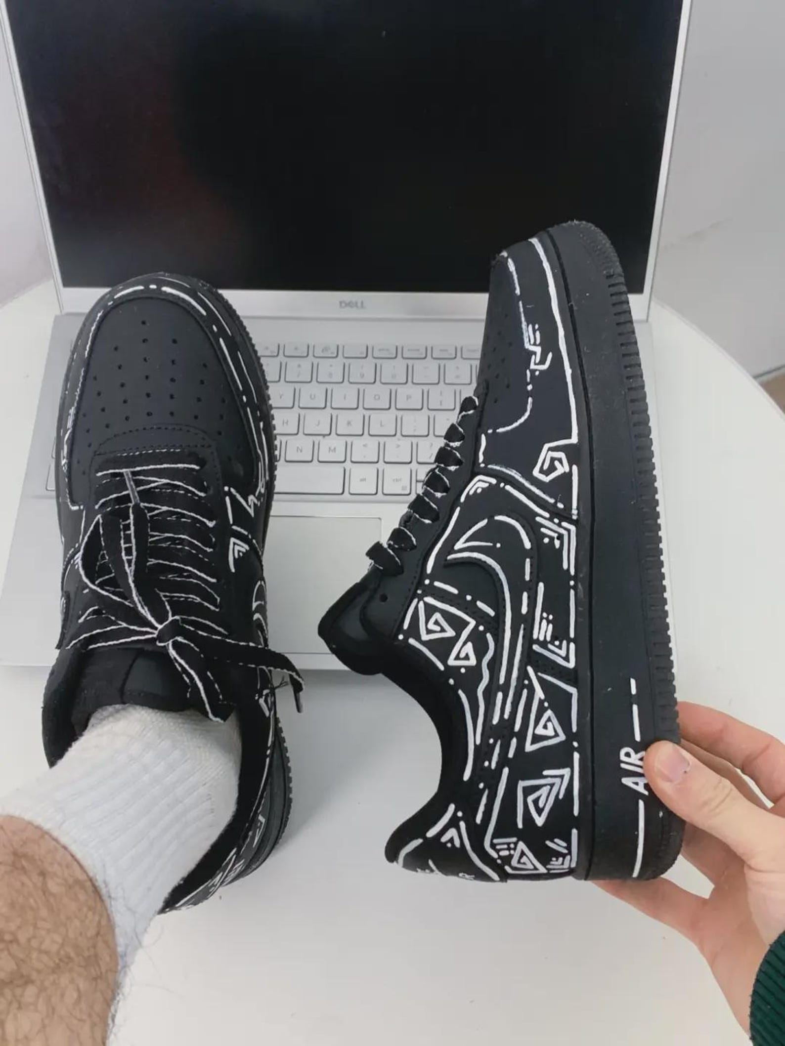il_1588xN.7872302295_c0fe.jpg Custom Black Air Force 1 Low Sneakers: White Tribal Geometric Line Art Streetwear - Image 1