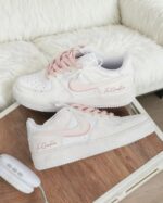 Custom Air Force 1 Low Sneakers: Rose Pattern, Script Text, Pastel Laces