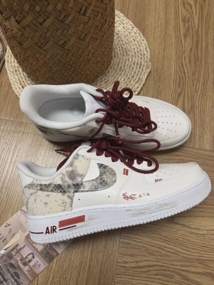 Custom White Beige Air Force 1 Low Snake Skin Swoosh Red Accents Streetwear Sneakers